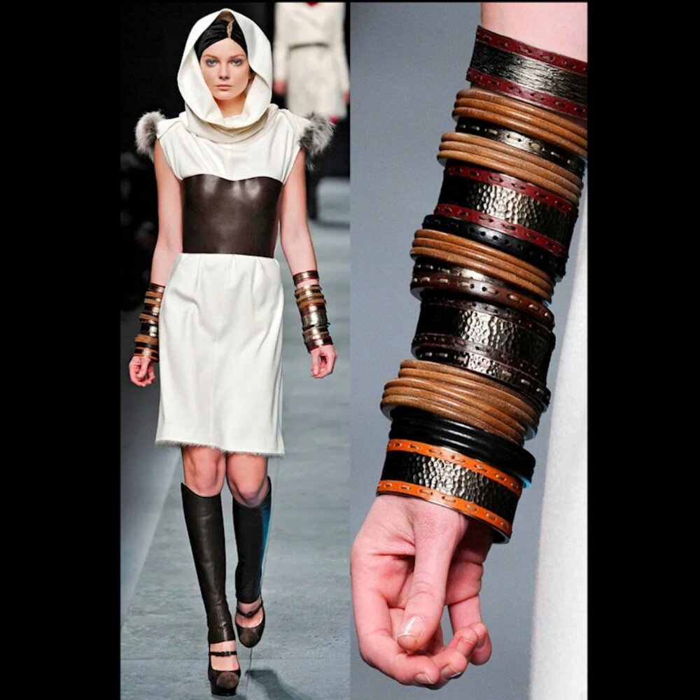 Vintage FENDI Stitched Selleria Gunmetal Bangle Bracelet 2009 Fall Runway